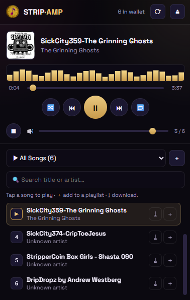 STRIP·AMP Chrome extension — your wallet's music NFTs in a popup player